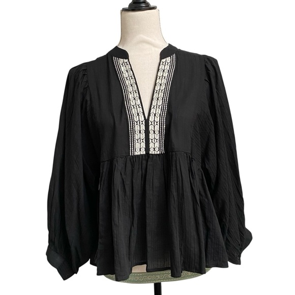 Banana Republic Factory Black Embroidered Peasant Blouse Cotton Boho Size Small - Picture 1 of 12